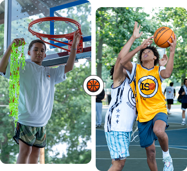 Boy holding basketball net