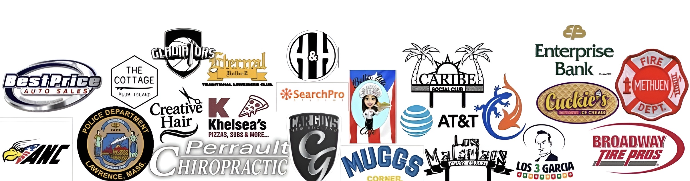 A collage of various company logos including SearchPro, MUGGS, and AT&T.