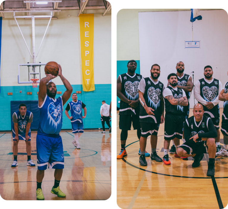 Two basketball teams competing intensely on an indoor court.